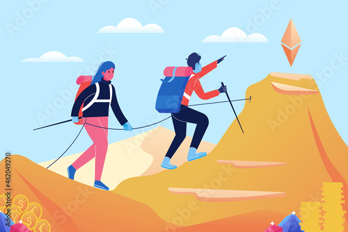 Couple Hiking in the Golden Mountains Flat Vector Illustration