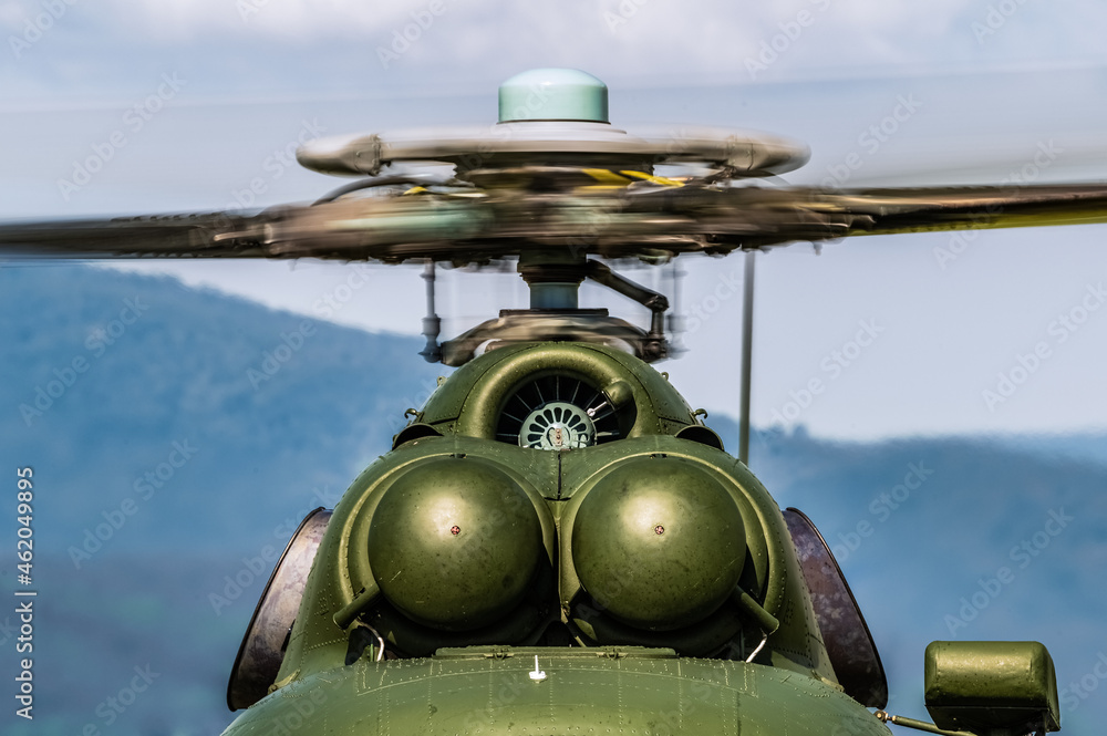 Engine of helicopter Mil Mi-17. Wloty silników śmigłowca Mi-17. Wirnik nośny. Detale - obrazy, fototapety, plakaty 