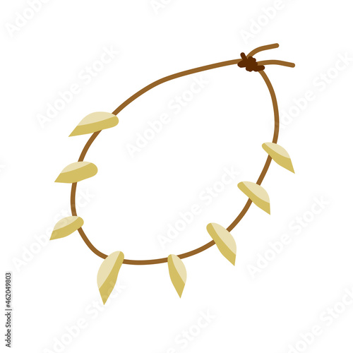Necklace of teeth and fangs. Decoration of wild primitive man for neck. Primitive tribal art. Caveman Clothing. Flat cartoon illustration