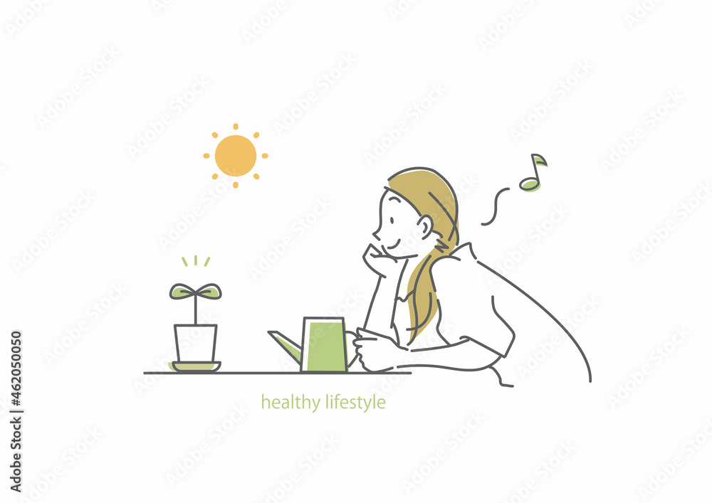 鼻歌を歌いながら笑顔で植物に水をやる女性 シンプルでお洒落な線画イラスト 鼻歌を歌いながら笑顔で植物に水をやる女性 シンプルでお洒落な線画イラスト