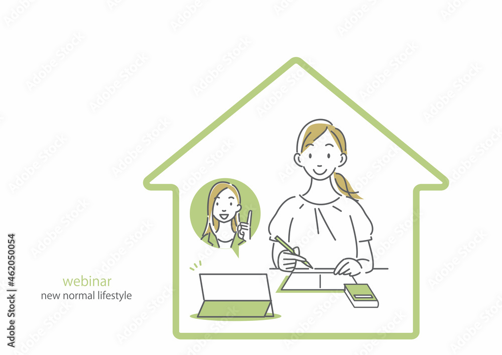 自宅でウェビナーに参加する女性 シンプルでお洒落な線画イラスト Stock Vector Adobe Stock