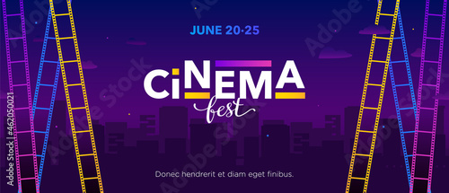 Horizontal bright color cinema festival template with color films, blue background and text. Vector illustration.