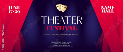 Horizontal theater festival background with red curtains, graphic elements and text. Vector illustration.