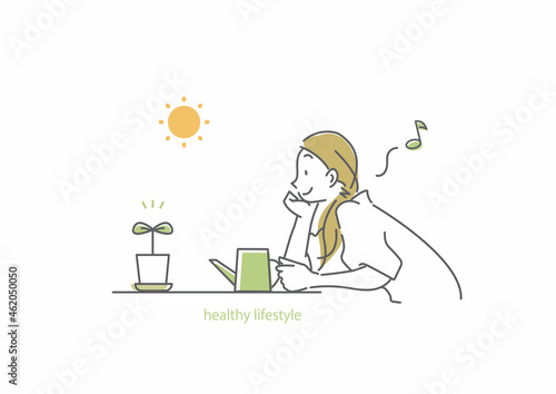 鼻歌を歌いながら笑顔で植物に水をやる女性　シンプルでお洒落な線画イラスト