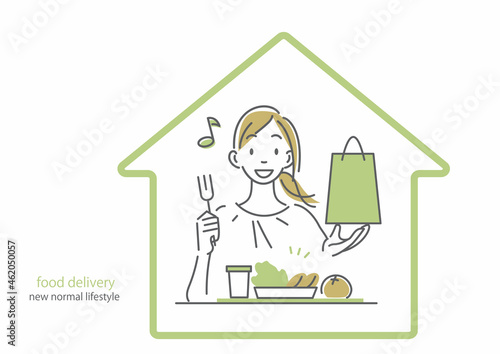 フードデリバリーを利用してランチを楽しむ女性　　シンプルでお洒落な線画イラスト