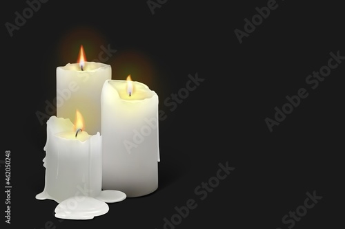 Set of realistic burning white candles on a black background. 3d candles with melting wax, flame and halo of light. Vector illustration with mesh gradients. EPS10.