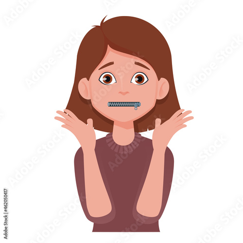 Woman with zipped mouth. Censorship concept. Gossip girl.