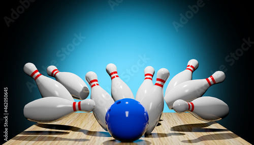 3d render of a bowling strike with skittles and a ball.Digital image illustration. 