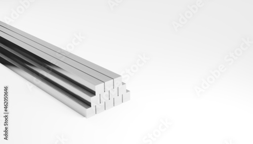 Fototapeta Naklejka Na Ścianę i Meble -  3d render of stacked metal square rods side view isolated on white background. Digital illustration for your business and industry.