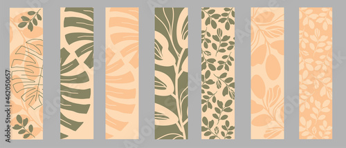 Set of vector bookmarks. Abstract tropical leaves and branches . Design in pastel colors. Can be used background, banner, cover.