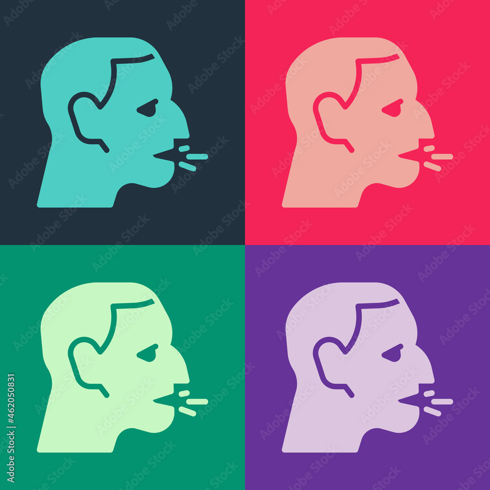 Pop art Man coughing icon isolated on color background. Viral infection, influenza, flu, cold symptom. Tuberculosis, mumps, whooping cough. Vector