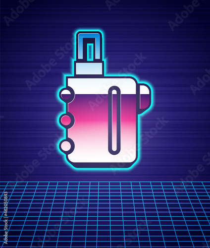 Retro style Electronic cigarette icon isolated futuristic landscape background. Vape smoking tool. Vaporizer Device. 80s fashion party. Vector