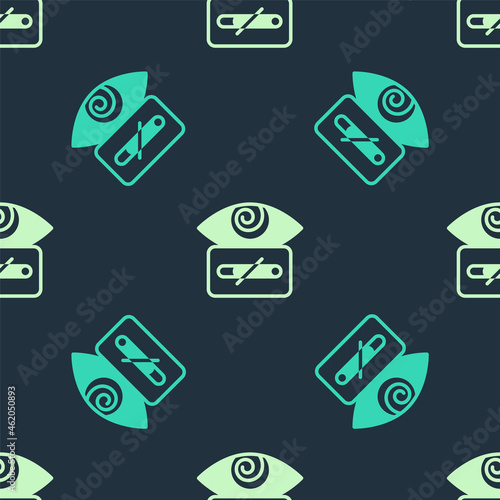 Green and beige Hypnosis icon isolated seamless pattern on blue background. Human eye with spiral hypnotic iris. Vector