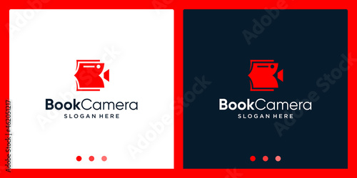 Open book logo design inspiration with camera video design logo. Premium Vector