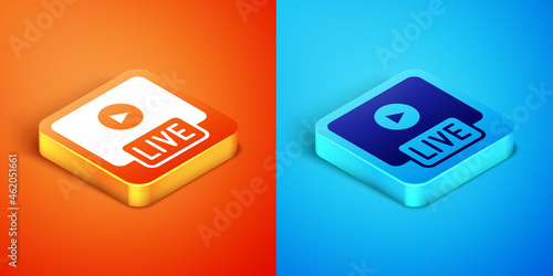 Isometric Live streaming online videogame play icon isolated on orange and blue background. Vector