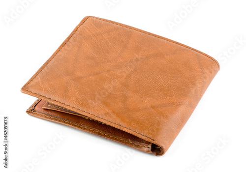 Closed brown male wallet on a white background close-up, isolate