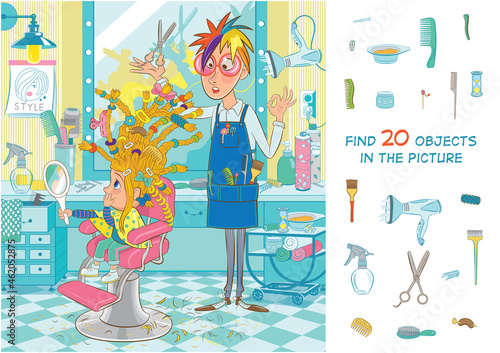 Little fashionista doing her hair in a hairdressing salon. Hidden objects puzzle. Find 20 objects in the picture. Funny cartoon characters.