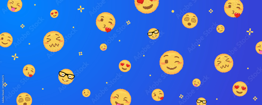 Pixel art emoji background. Funny 8 bit video game style background with  yellow pixel art emoji face, Streamer screensaver or decorative background.  Blue background, hearts in eyes and laugh smile. Stock Vector |