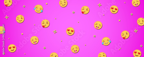 Pixel art emoji background. Funny 8 bit video game style background with yellow pixel art emoji face, Streamer screensaver or decorative background. Pink background, hearts in eyes and girlish stuff.