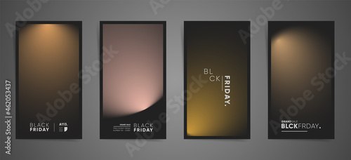 Abstract black smooth gradient cover template design set for stories, social media posts, poster and sale banners. Smooth circular fashion gradient pattern. Vector black friday sale premium vertical s