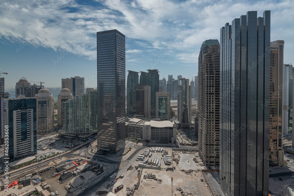 Panoramic Aerial view of westbay Doha Skyline in daylight, The West Bay is one of the most prominent districts of Doha.