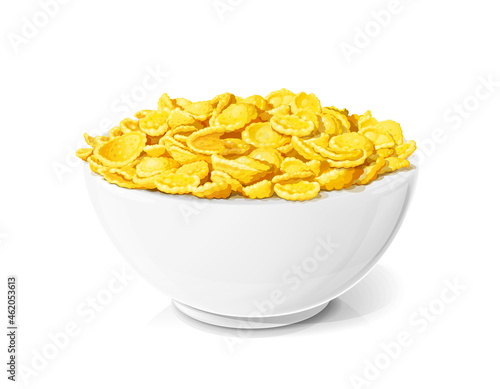 Cornflakes in ceramic bowl. Traditional dry corn flakes breakfast food, Isolated on white background. Vector illustration.