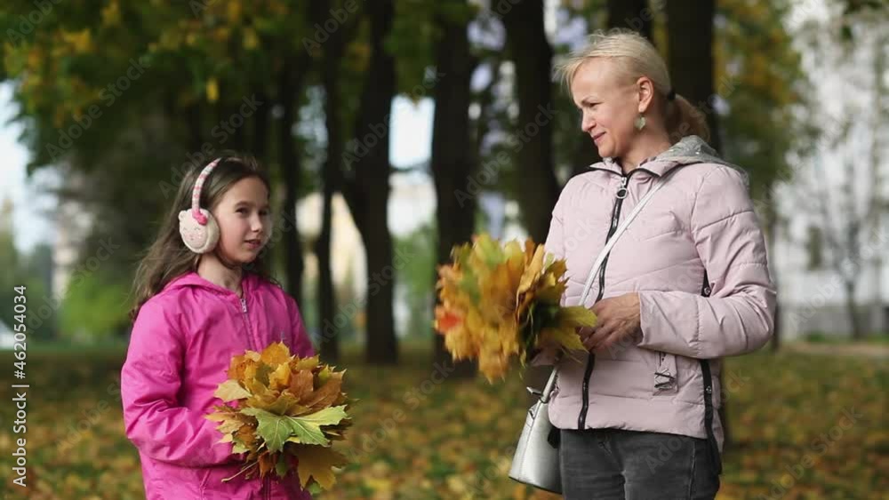 Mom and little daughter are playing in the park with yellow leaves. They play with bouquets of leaves. Mom and little daughter are playing in the park with yellow leaves. They play with bouquets of leaves.