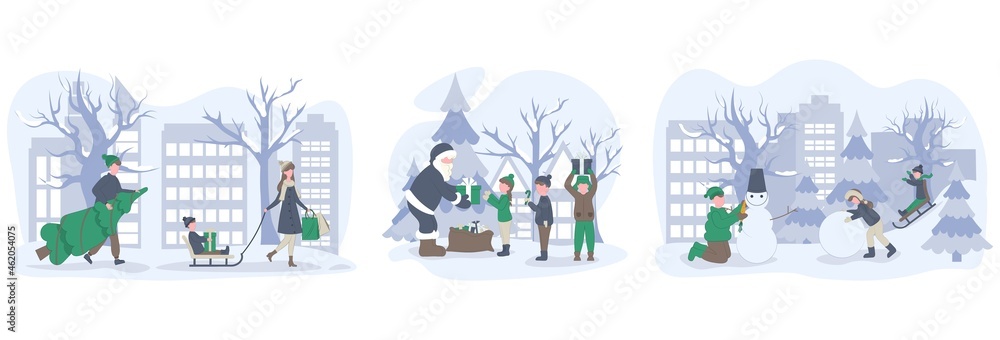 Set winter holiday people. Vector flat illustration.