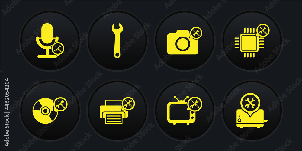 Set CD or DVD disk service, Processor, Printer, Tv, Photo camera, Wrench, Toaster and Microphone icon. Vector Set CD or DVD disk service, Processor, Printer, Tv, Photo camera, Wrench, Toaster and Microphone icon. Vector