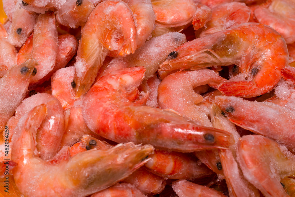 Fresh shrimps in ice. Top view.