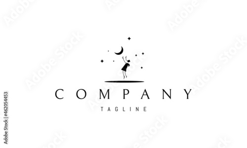 Vector logo on which an abstract image of a figurine in a raincoat trying to jump to the moon.