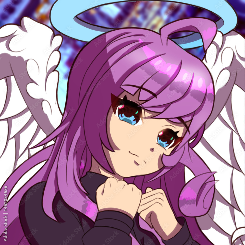 Sexy anime manga angel girl with white big wings purple hair and big  breasts wearing tight clothes square format for avatars Stock Illustration  | Adobe Stock
