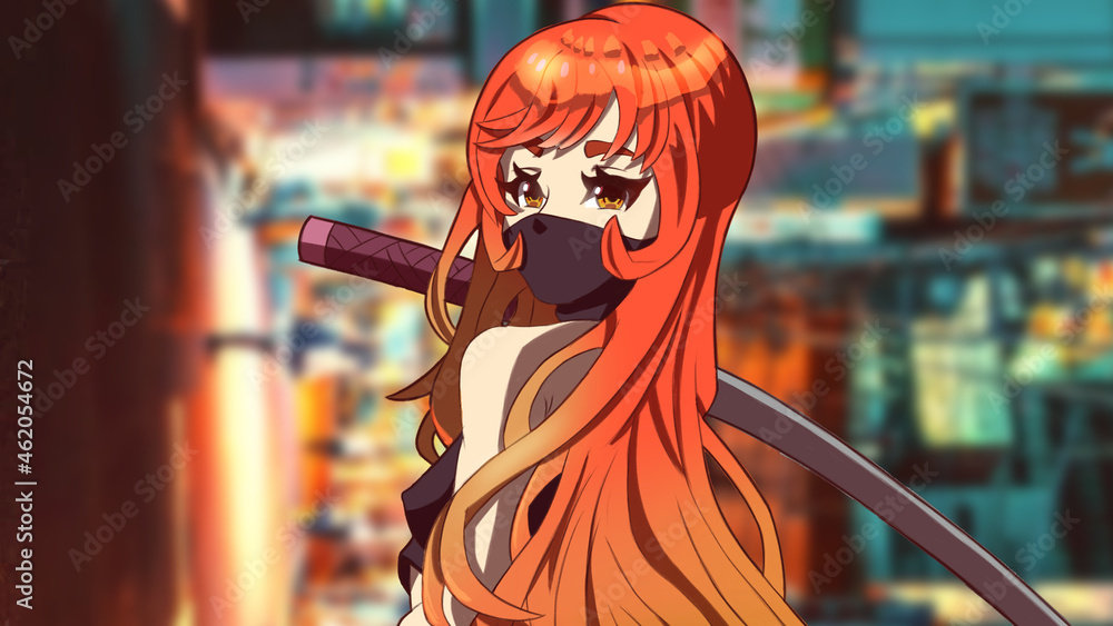 Obraz premium Sexy anime manga girl with a katana in her hand stands pathetically she has bright fiery hair, she wears a mask and wide pants HD wallpaper format