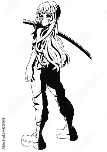 Sexy anime manga girl with a katana in her hand stands pathetically she has bright fiery hair, she wears a mask and wide pants vector graphics manga style
