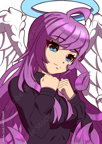 Sexy anime manga angel girl with white big wings purple hair and big breasts wearing tight clothes sticker