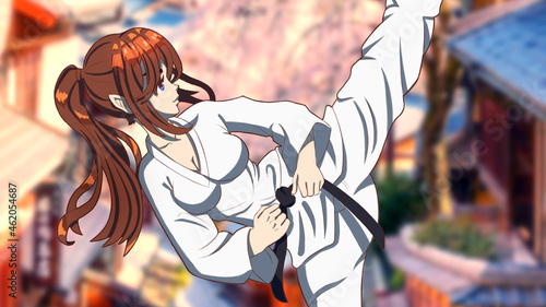 Anime manga attractive cute karate girl with big breasts focuses on kicking in the air wearing a kimono and a black belt her hair is gathered in a ponytail HD wallpaper format photo