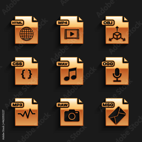 Set WAV file document, RAW, MSG, OGG, MP3, CSS, OBJ and HTML icon. Vector