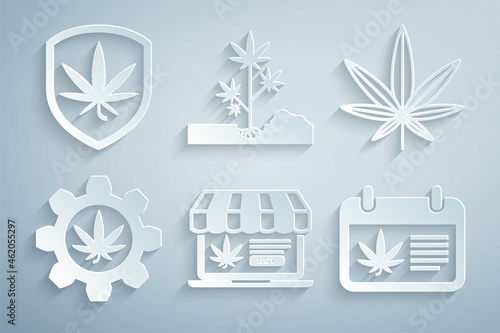 Set Online buying marijuana, Marijuana or cannabis leaf, Test tube with, Calendar and, Planting and Shield icon. Vector
