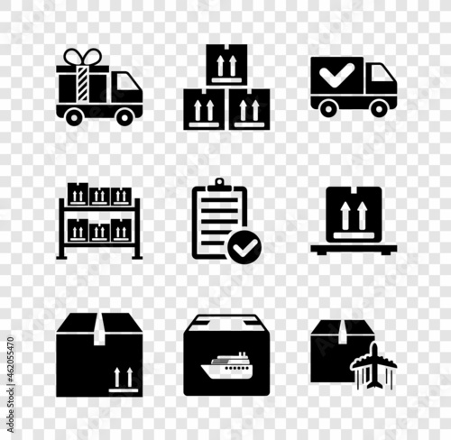 Set Delivery truck with gift, Cardboard box traffic, check mark, Cargo ship boxes, Plane and cardboard, Warehouse and Verification of delivery list icon. Vector