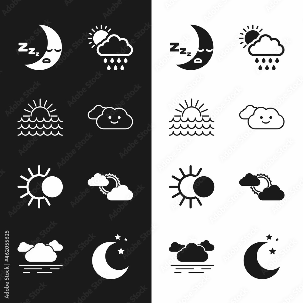 Set Cloud, Sunset, Moon icon, with rain and sun, Eclipse of the, cloud weather, stars and icon. Vector Set Cloud, Sunset, Moon icon, with rain and sun, Eclipse of the, cloud weather, stars and icon. Vector
