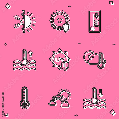 Set Sun and snowflake, UV protection, Meteorology thermometer, Water, Thermometer cloud, moon, and Rainbow with clouds sun icon. Vector