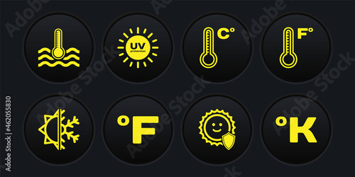 Set Sun and snowflake, Meteorology thermometer, Fahrenheit, UV protection, Kelvin and Water icon. Vector
