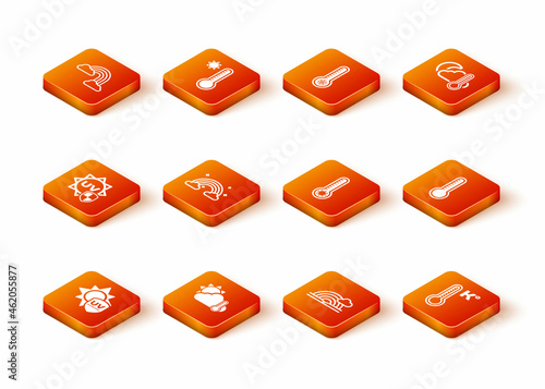 Set UV protection, Thermometer and cloud, sun, Rainbow with clouds, Meteorology thermometer, and icon. Vector