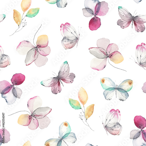 Seamless delicate pattern with flying butterflies  leaves and flowers  abstract floral watercolor print on white background.