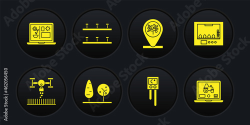 Set Smart farm with drone, Incubator for eggs, Trees, Temperature and humidity sensor, Location tree, Automatic irrigation sprinklers, Laptop application smart and farming technology icon. Vector