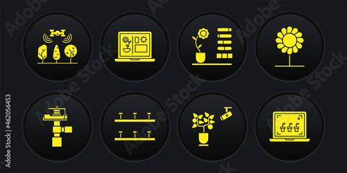 Set Automatic irrigation sprinklers, Flower, Smart farming technology, status, and with drone icon. Vector