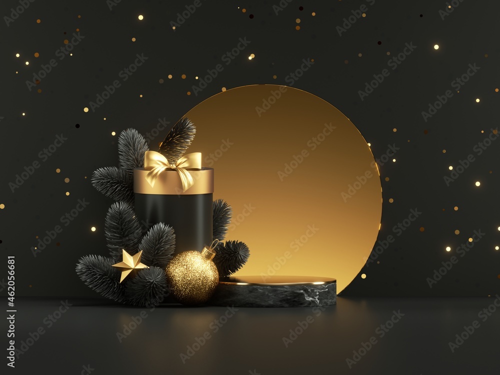 3d render, abstract black gold New Year background, marble podium and ...