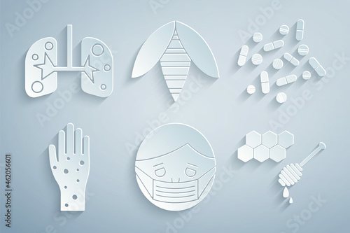 Set Face in protective mask, Medicine pill or tablet, Hand with psoriasis eczema, Honeycomb honey dipper, Bee and Lungs icon. Vector