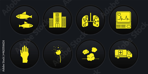 Set Hand with psoriasis or eczema, Monitor cardiogram, Flower producing pollen, Dust, Lungs, Medical hospital building, Emergency and Fish icon. Vector