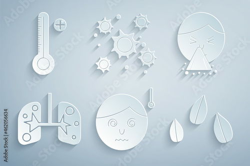 Set High human body temperature, Handkerchief to his runny nose, Lungs, Sesame seeds, Bacteria and Medical digital thermometer icon. Vector